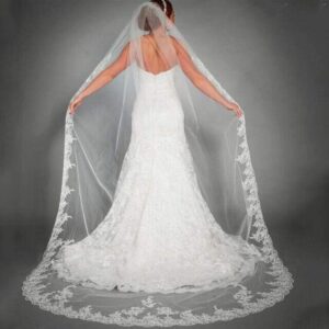 طرحة زفاف بتصميم زهور للعروس بطول 118 انش، طرحة مصلى من طبقة واحدة مع مشط وحواف دانتيل (ابيض)