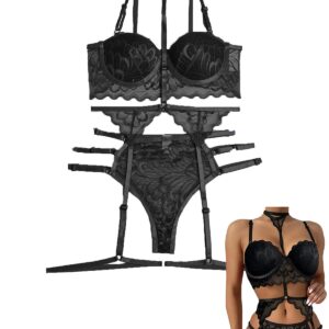 طقم ملابس داخلية دانتيل مع أحزمة شد، بدلة جذابة بتصميم ملفت للنساء من ستكسي فيث