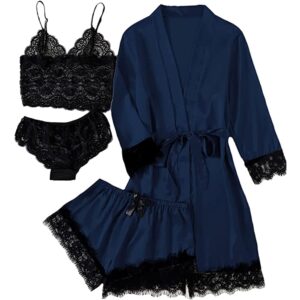 "طقم بيجامة من الساتان للنساء من الميكاكوز، 4 قطع مزينة بالدانتيل بنمط زهور كامي مع رداء"
