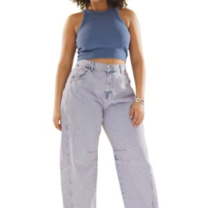 ترنديول بنطلون جينز للنساء بخصر مرتفع وقصة فضفاضة ومقاس كبير، لون ازرق فاتح، Tbbss25Cj00000 مقاس كبير