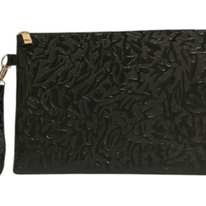 حقيبة يد نسائية جلد صناعي سوداء أنيقة، حقيبة يد مع نقش بارز، حزام يد