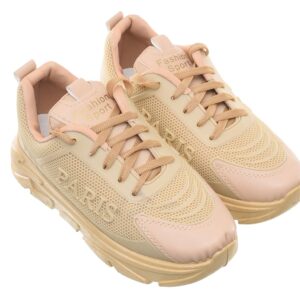 99.99 woman Leather and Elastic Lace-Up Sneakers featuring Side Embossed 'Paris' Detail - Beige (40)