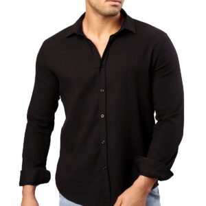 قميص عصري رجالي من القطن بأكمام طويلة وتصميم منقوش وأزرار ريفين لون أسود