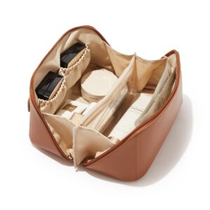 شنطة مكياج للسفر من ابتريكس، شنط مستحضرات تجميل بسعة كبيرة للنساء، شنطة محمولة مقاومة للماء ومفتوحة ومسطحة لتنظيم ادوات الزينة والمكياج بلون بني، 9.25 × 4.13 4.33، ملحقات السفر