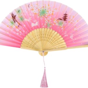 سيوسى مروحة قابلة للطي باليد للنساء مراوح يدوية من الخيزران مع شرابة صينية قماش الحرير واضلاع لتزيين الحائط وهدايا الزفاف واعياد الميلاد بينك زهري
