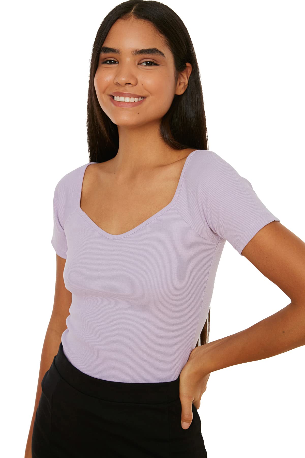 61IQ2hNJ6DL بلوزة قصيرة قطن منسوجة مرنة بمقاس ضيق موديل TWOSS21BZ0579 للنساء من ترينديول