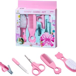 أدوات العناية بالطفل لحديثي الولادة، أدوات العناية بالأظافر من 6 قطع، قصافة أظافر وفرشاة شعر ومشط ومقص، أدوات العناية بأظافر الأطفال مع شنطة تخزين (وردي)