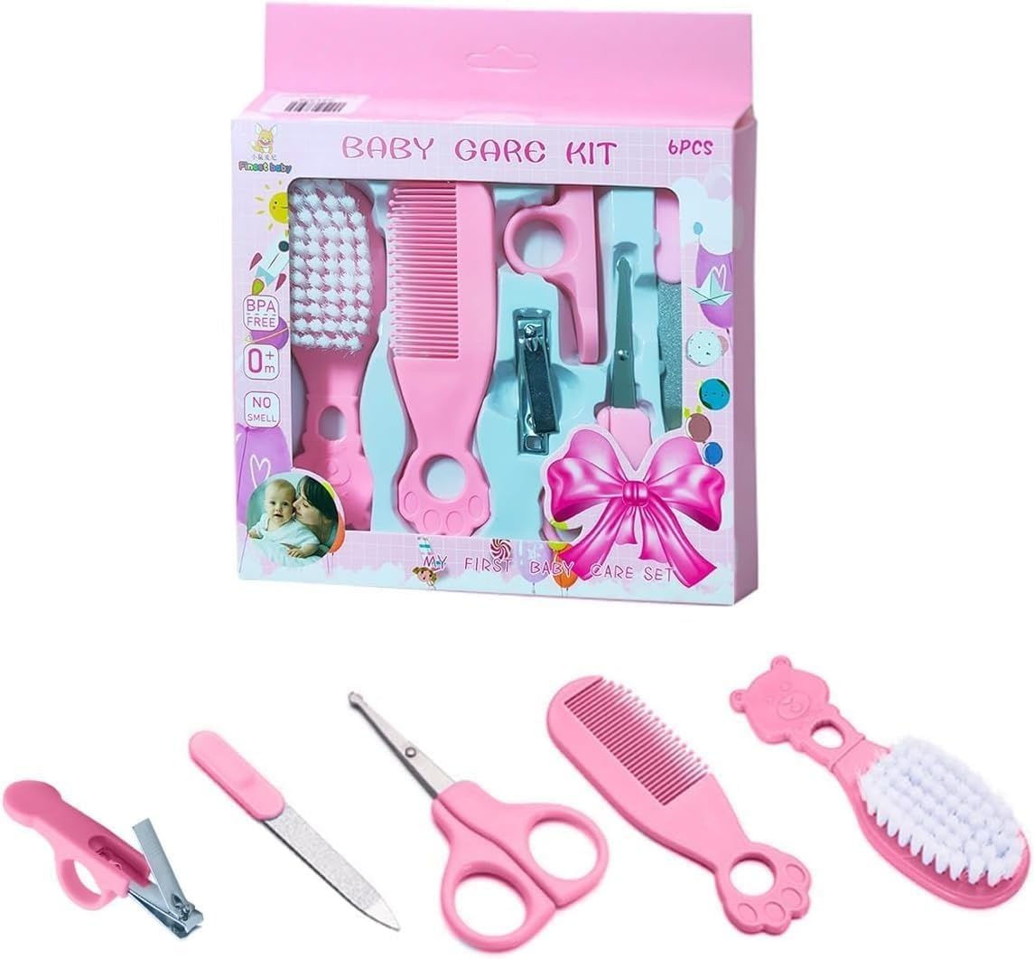 61KCCMXQO0L أدوات العناية بالطفل لحديثي الولادة، أدوات العناية بالأظافر من 6 قطع، قصافة أظافر وفرشاة شعر ومشط ومقص، أدوات العناية بأظافر الأطفال مع شنطة تخزين (وردي)