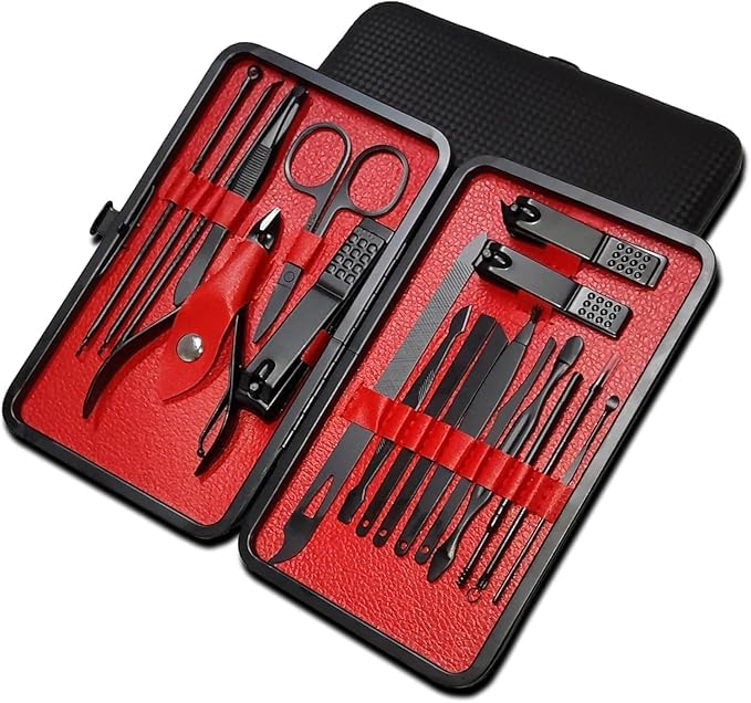 61Ksk5q-RLL مجموعة ادوات العناية بالاظافر من الستانلس ستيل للرجال والنساء للعناية الاحترافية بالاظافر والحواجب والاذنين مع شنطة سفر محمولة (اسود واحمر)