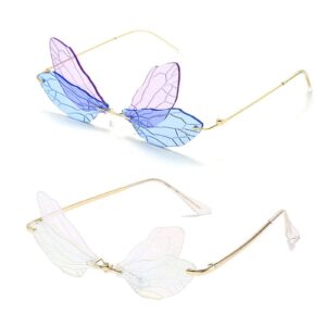 زوجان من النظارات الشمسية بدون اطار للنساء، نظارات شمسية كلاسيكية ومبتكرة ومبتكرة بنمط التسعينيات بتصميم يعسوب، نظارات شمسية عصرية بدون اطار للنساء، نظارات باطار معدني عتيق للحماية من الاشعة فوق