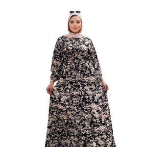 دريس محجبات فريسكا مشجر بأزرار ديكور بطول الفستان وحزام خصر – One Size يلبس من 60 إلى 90كجم – تصميم أنثوي أنيق