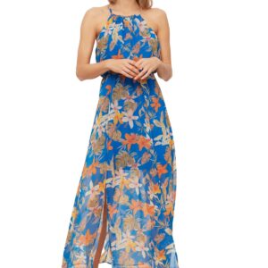 فستان ماكسي TWOSS20EL1297 منسوج من الشيفون بقصة ايه لاين مع شق ورقبة برباط للنساء من ترنديول، بلون أزرق كحلي