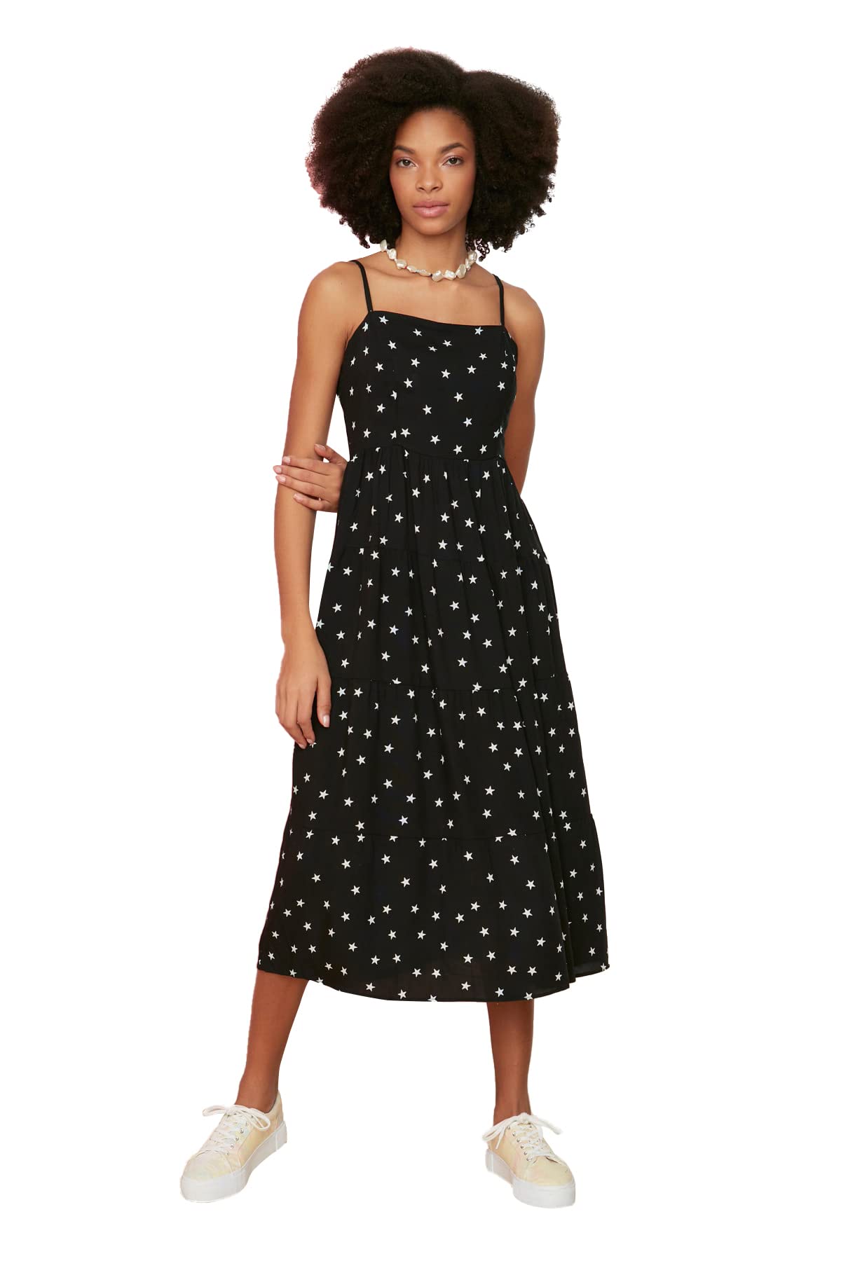 61MDn8ZA8dL فستان متوسط الطول محبوك للنساء بقصة ايه لاين بحمالات رفيعة منقوش نجوم من ترينديول، أسود، TWOSS21EL1341