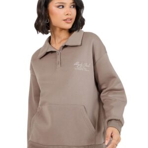 سويت شيرت طويل وموسع بقصة بولو مع تفاصيل تطريز للنساء من ستايلي