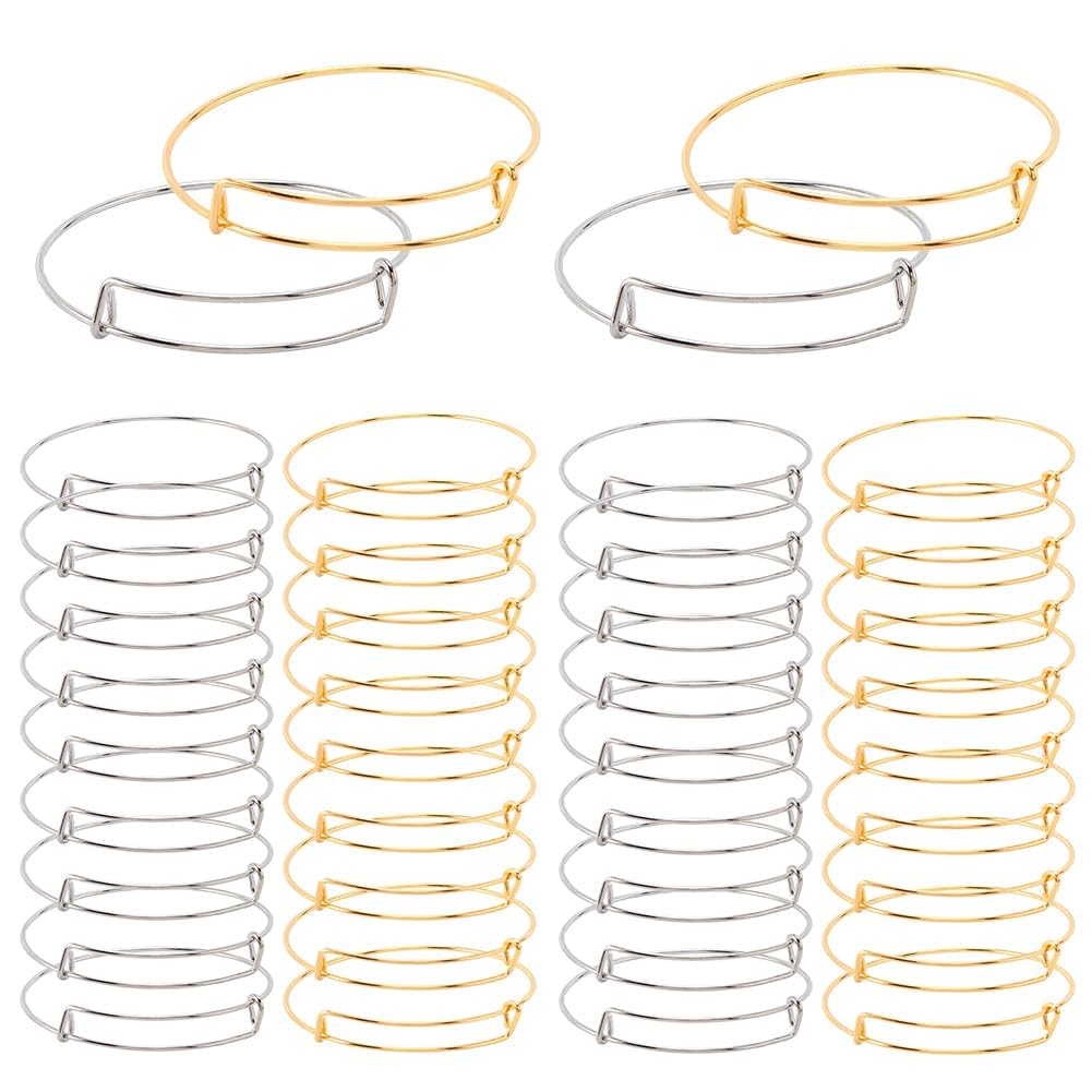 61MWzXtgvML 40 قطعة من الاساور القابلة للتوسيع بلونين، مجموعة اساور حلقية سلكية قابلة للتعديل، اساور حلقية فضية دائرية رقيقة لا تسبب الحساسية، اساور فضية فارغة، لوازم صنع المجوهرات، اكسسوارات الاساور والحرف
