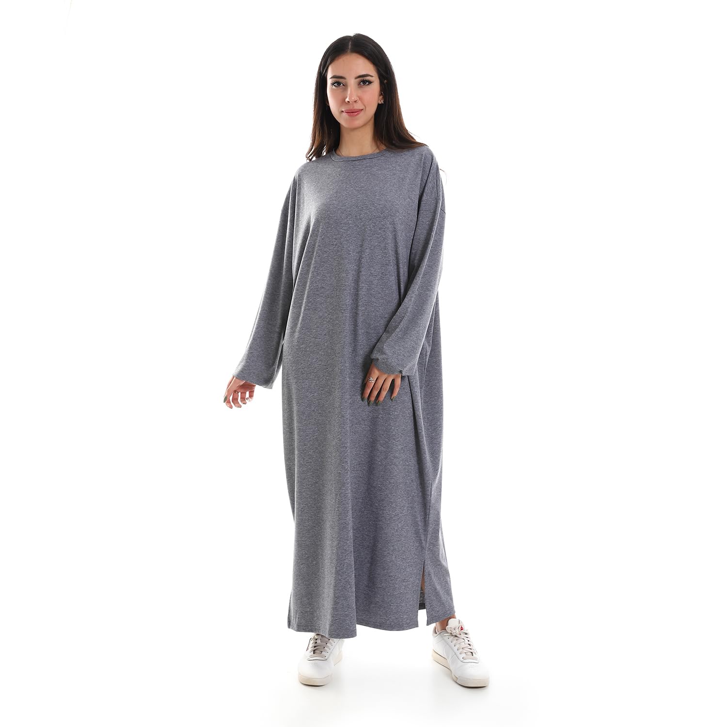 61N7-U6k7tL فستان ميلانج بتصميم قميص طويل بأكمام طويلة مقاس كبير من عزيز - رمادي