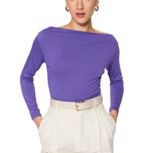 بلوزة منسوجة من الفسكوز للنساء بتصميم قابل للتمدد بأكمام طويلة ورقبة مفتوحة من ترنديول، TWOAW21BZ0106