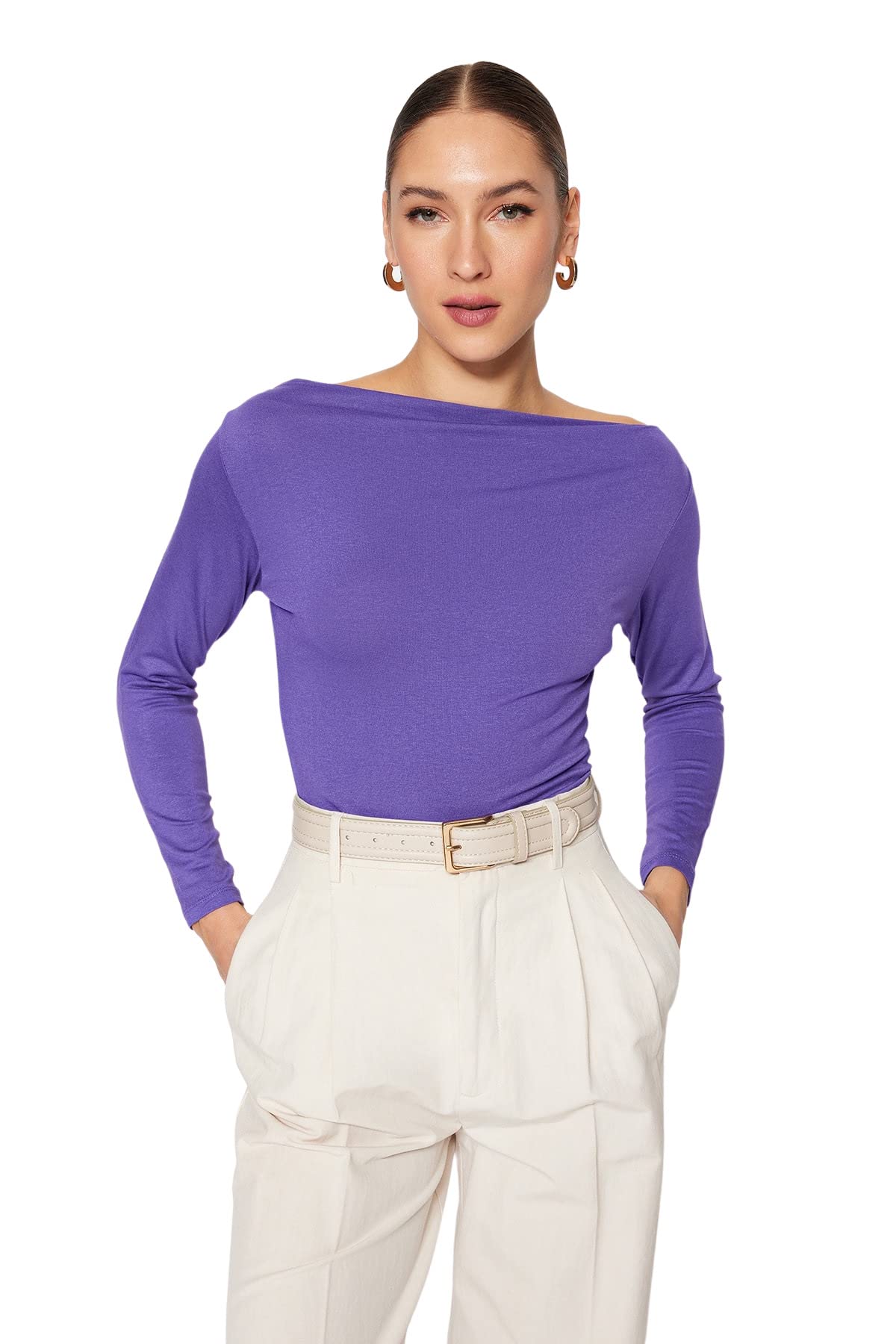 61NQh6rfEkL بلوزة منسوجة من الفسكوز للنساء بتصميم قابل للتمدد بأكمام طويلة ورقبة مفتوحة من ترنديول، TWOAW21BZ0106