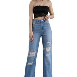 ترنديول بنطلون جينز بقصة مستقيمة وخصر مرتفع وتصميم ممزق للنساء بلون ازرق TWOSS25JE00138