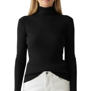 بلوزة نسائية ريب بياقة عالية، أبيض وأسود، قطن مضلع، مقاس عادي، تصميم أنيق هاى كول للبنات والنساء من ميزا