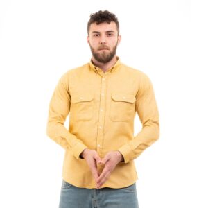 قميص شتوي بأزرار كاملة وجيوب على الصدر للرجال من اندورا - أصفر مسطردة فاتح