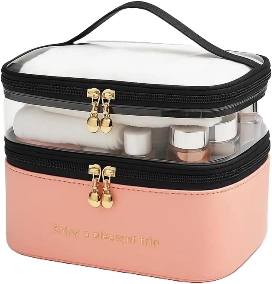 61Ou2BSzebL شنطة مستحضرات تجميل كبيرة من الجلد مقاومة للماء 2 في 1 بسحاب مزدوج للسفر مع مقبض لفرش العناية بالبشرة ومستلزمات النظافة والاكسسوارات، شنطة تخزين مستحضرات تجميل أنيقة محمولة من اريكسول