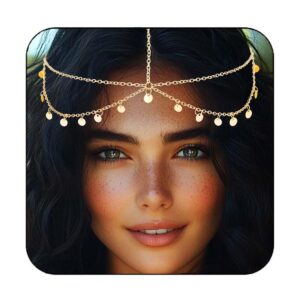 سلسلة راس ذهبية مزينة بالترتر للنساء، قطعة راس بوهو مع سلاسل شعر متعددة الطبقات، اكسسوارات شعر للمهرجانات والحفلات الموسيقية والزفاف، مجوهرات شعر كلاسيكية براقة