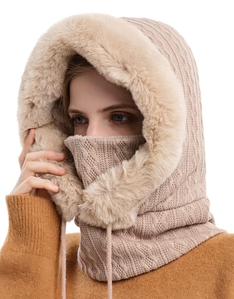 61PPOWNDXlL قبعات شتوية للنساء من نالاكال، قبعة صغيرة واسعة وقناع من الفرو الصناعي، بلوفر بالاكلافا محبوك، قبعة شتوية دافئة مع وشاح، قبعة شتوية حرارية مع تدفئة للرقبة ووشاح، قبعة شتوية أنيقة