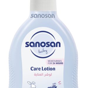 لوشن العناية بالأطفال بتركيبة لطيفة غنية بالبانثينول والبابونج لتهدئة البشرة ومنحها ترطيبًا عميقًا طوال اليوم من أول استخدام بمكوّنات طبيعية 96% ببروتين الحليب من سانوسان 200 مل، صنع في ألمانيا