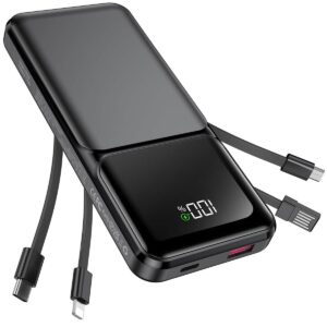 Power Bank 20000mah with Built in Cable- Fast Charging 22.5W Powerbank USB-C, LED Display Travel Battery Pack 5 Outputs & 3 Inputs for iPhon, iPad etc Black