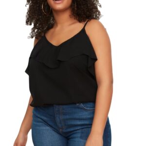 ترنديول بلوزة نسائية سوداء بحزام قابل للتعديل وياقة مكشكشة مقاس كبير TBBSS22AF0023 (عبوة من قطعة واحدة)