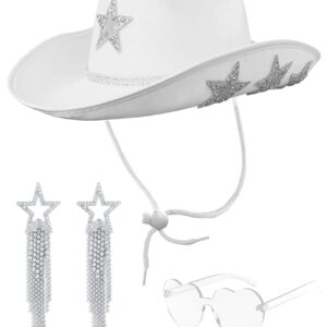 كاستويف قبعة راعية البقر البيضاء مع نظارة شمسية - قبعة كاوبوي مع نجمة لامعة تناسب النساء للحفلات التي تحمل طابع توديع العزوبية