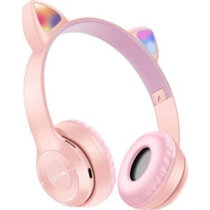 X spring Cat Ear Kids Headphones, Bluetooth 5.0 Wireless Foldable Headphones, Over-Ear Wireless Headphones with Mic LED Light, Compatible with Smartphone, Pad, Laptop (Pink)