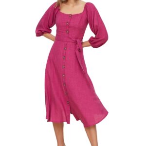 ترنديول فستان نسائي متوسط الطول بازرار وياقة مربعة من الكتان المنسوج TWOSS19IE0009 (عبوة من قطعة واحدة)