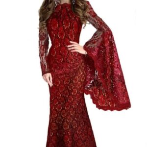 فستان دانتيل نسائي ذو اكمام واسعة، ابيض