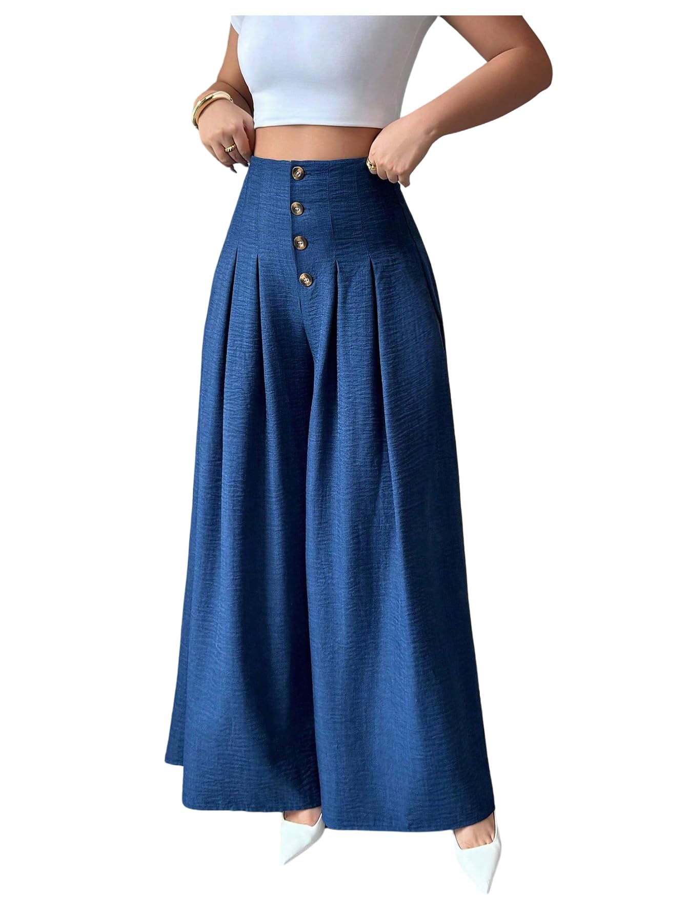 61Smr-st1SL سروال بالازو بكسرات أمامية وخصر مرتفع وأرجل واسعة مزين بأزرار للنساء من جورجليتر