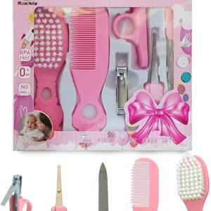 مجموعة العناية بالأظافر للأطفال البيبي - مجموعة تقليم الأظافر والتنظيف اليومي الشخصي للأطفال الرضع، مجموعة مانيكير لحديثي الولادة، مجموعة العناية بصحة الطفل مع قصافة أظافر وفرشاة شعر (6 قطع) (زهري)