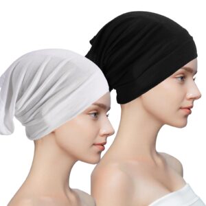 يوروتشي 2 قطعة قبعة تحت الوشاح للنساء، قبعات تحت العمامة، الحجاب تحت الرأس، وشاح حجاب بلون سادة انبوبي قابل للتمدد، غطاء رقبة انبوبي (اسود وابيض)