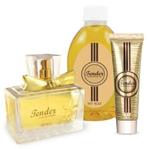 مجموعة تيندر تحتوي على لوشن للجسم وجل استحمام وعطر للنساء، من ماي واي