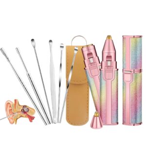 مجموعة العناية الشخصية متعددة الوظائف بالوان قوس قزح، اداة تشذيب الحواجب باضاءة LED، مزيل شعر الوجه، ادوات ازالة شمع الاذن من الستانلس ستيل، مجموعة من 6 قطع مع شنطة تخزين جلدية