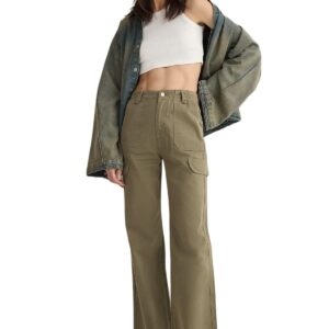 ترنديول بنطلون جينز كاكي بجيوب واسعة وخصر مرتفع للنساء Twoss25Je00030
