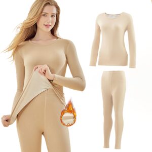 طقم ملابس داخلية حرارية للنساء من اكس كيموس، طقم ملابس داخلية طويلة ناعمة مع طبقة اساسية مبطنة بالصوف باكمام طويلة من بلوزة وسفلية، طقم شتوي للطقس البارد (بيج نود، XL)