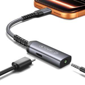 JSAUX USB C to 3.5mm Headphone and Charger Adapter, 2-in-1 AUX Mic Jack with PD 60W Fast Charging, USB C to Aux Adapter Compatible with iPhone 16/15/Plus/Pro Max, iPad, Samsung S24/S23 Earphones -Grey