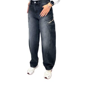 DALY بنطلون جينز نسائي موم فيت بجيب كبير مطرز