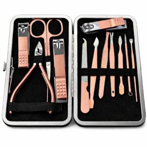 مجموعة مانيكير وباديكير مكونة من 12 قطعة، مجموعة قصافة اظافر من الستانلس ستيل، حقيبة العناية بالاظافر للرجال والنساء، ادوات العناية بالاظافر للمنزل والمكتب والسفر