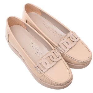 99.99 Women's Leather Shoes with Chunky Block Heel and Front Leather Chain (Beige, 37)