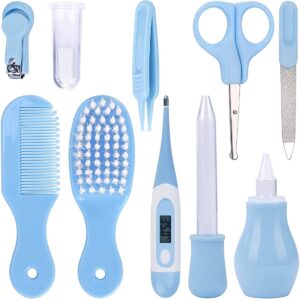 مجموعة العناية بصحة الاطفال مكونة من 10 قطع مع قصافة اظافر امنة ادوات للعناية بالاطفال الرضع وحديثي الولادة لون ازرق جليتز