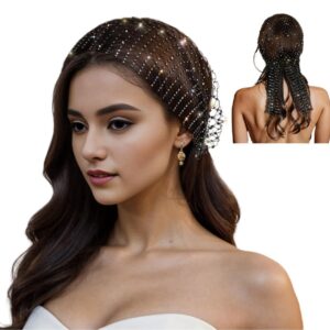 تربون عصري مرصع باحجار الراين المرصعة باحجار الراين، وشاح حجاب وقبعة شبكية كريستال وعصابة رأس، اسود، مقاس واحد