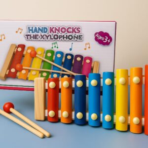 اكسيلفون خشب للأطفال مزود بـ 8 نغمات ولعبة موسيقية ملونة مع مطارق كأداة تعليمية بأسلوب مونتيسوري للصغار من الأولاد والبنات بعمر 3 سنوات فما فوق وآمن وخالي من المواد السامة لتعلم الأطفال