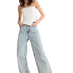 بنطلون جينز بقصة ساق واسعة وخصر مرتفع للنساء طراز TWOSS25JE00181 من تريندول، لون أزرق فاتح، مقاس 32